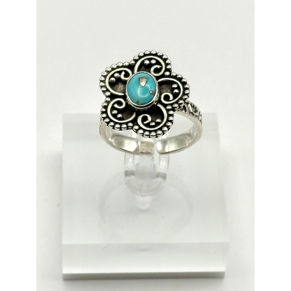 Turquoise‎ Flower Southwestern Sterling Silver Adjustable Ring